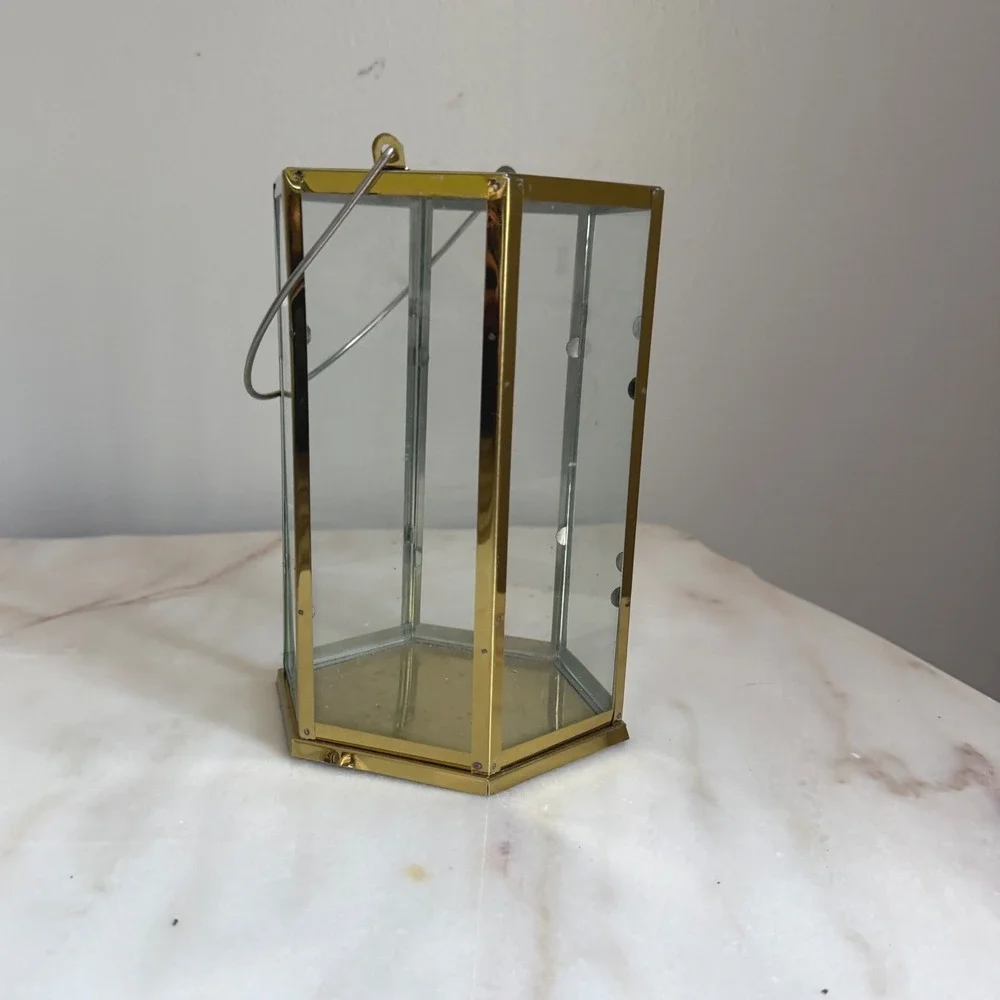 Gold Hexagon Glass Lantern Candle Holder Hanging Decorative Centerpiece 8.5in